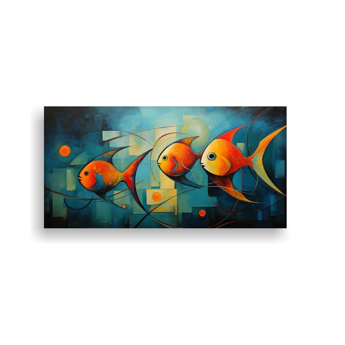 Cuadro tres peces tropicales naranjas con fondo geométrico — imagen principal