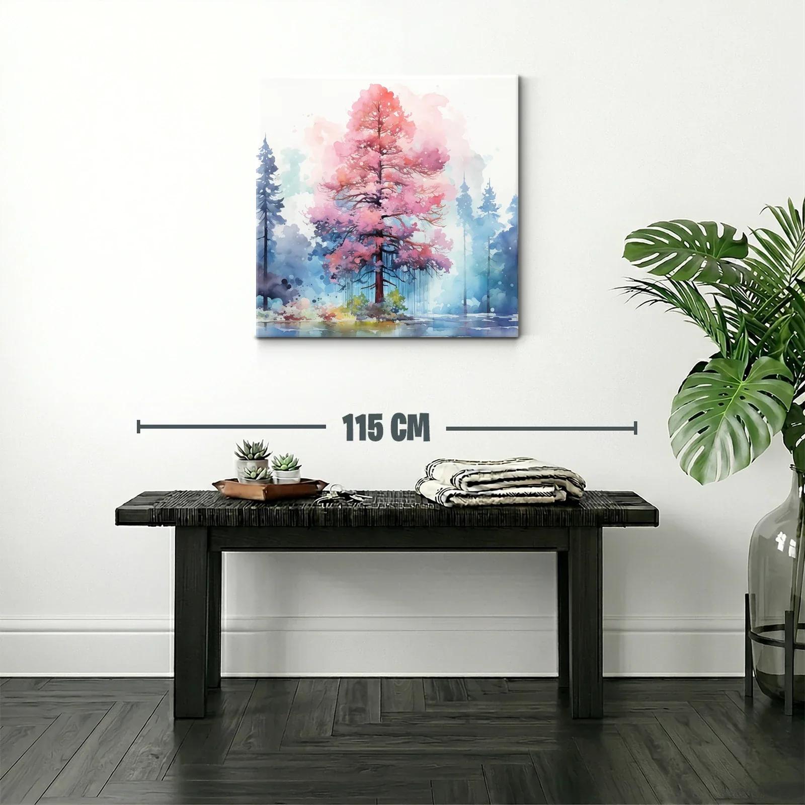 Árbol en tonos rosas vibrantes con fondo de bosque azul — miniatura 2