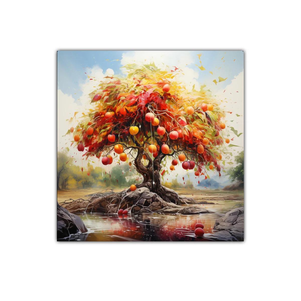 Árbol frutal con tonos cálidos en paisaje sereno