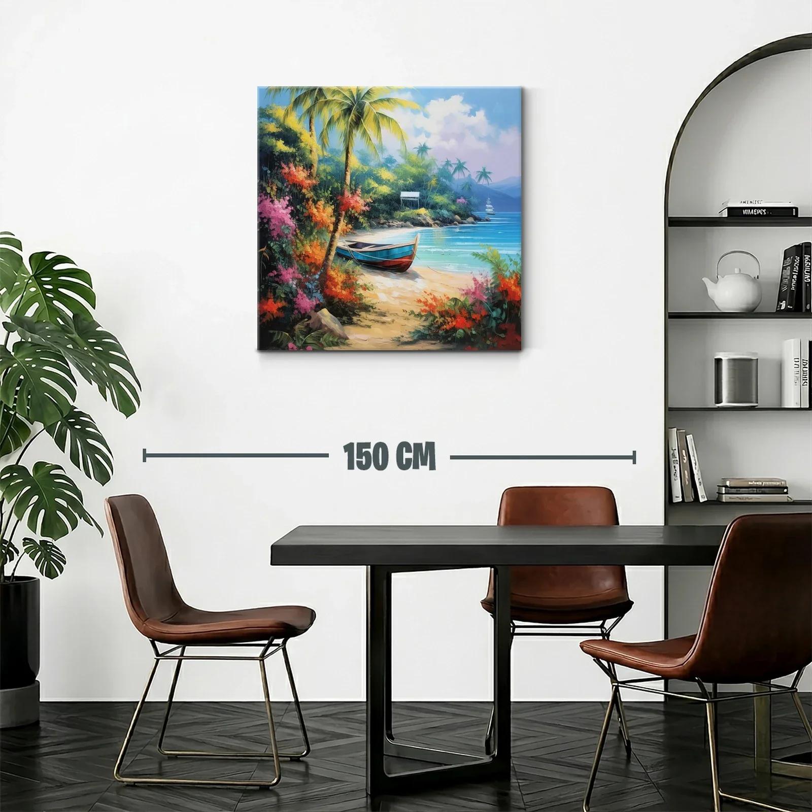 Paisaje tropical con barca en playa paradisíaca y flora vibrante — miniatura 2