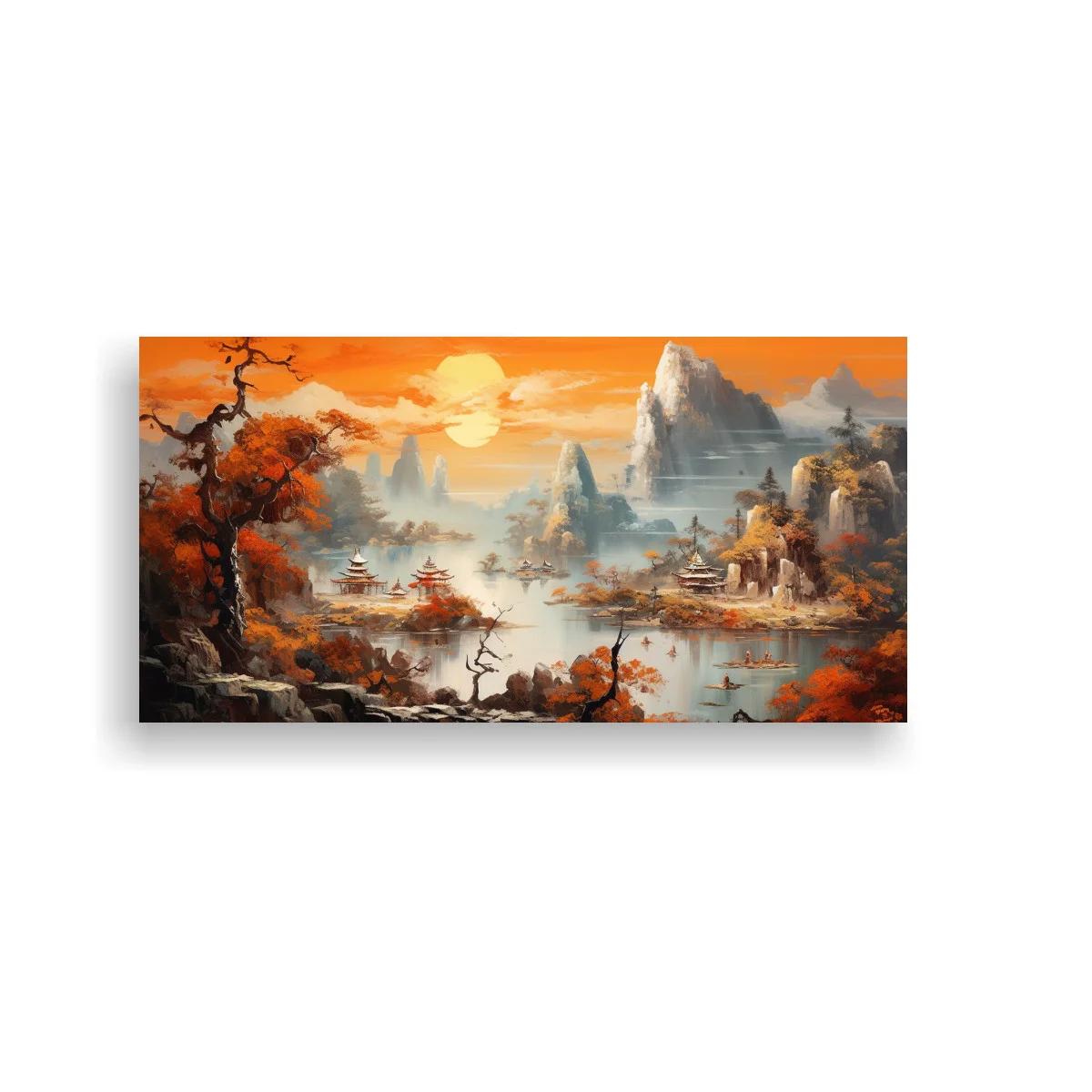 Cuadro paisaje oriental con pagodas y agua enmarcado por rocas