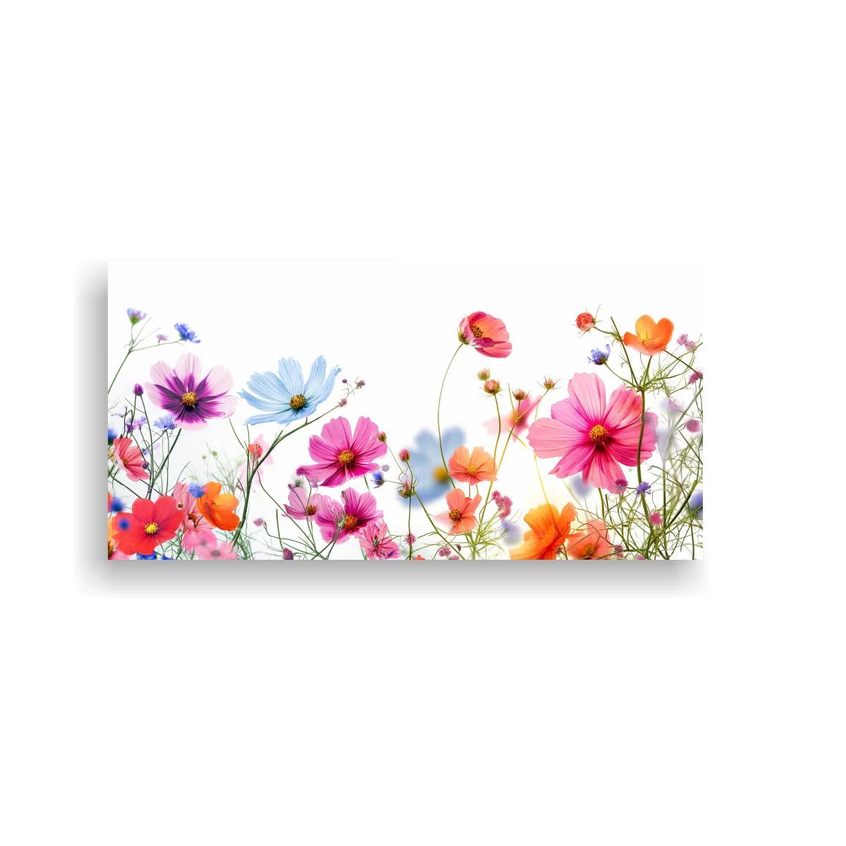 Cuadro cosmos rosas y naranjas en formato panorámico