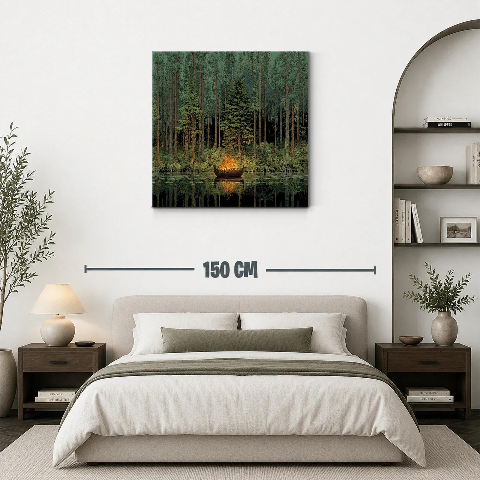 Bosque profundo con barca en fuego sobre agua tranquila — miniatura 3