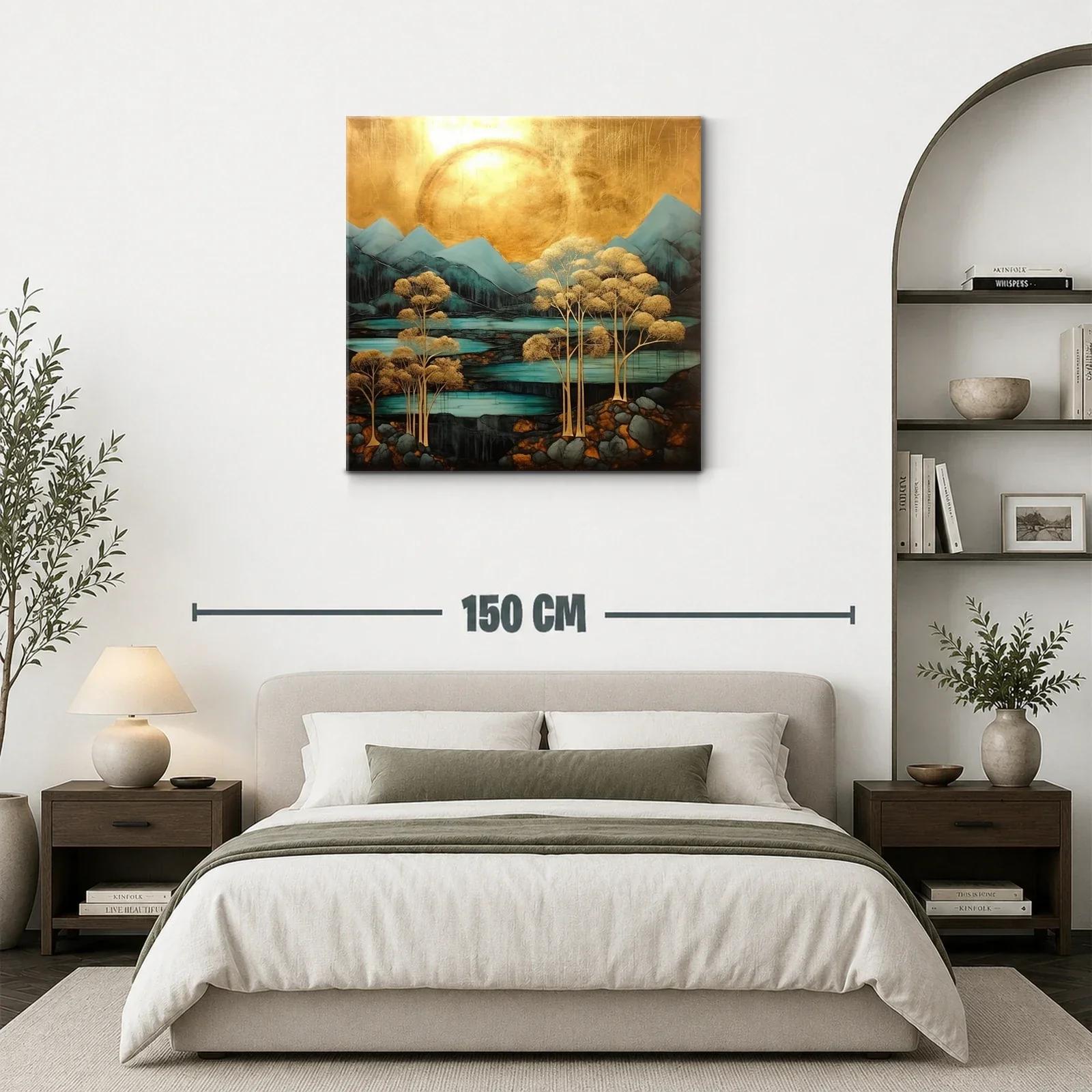 Paisaje estilizado con árboles dorados y montañas azules — miniatura 3