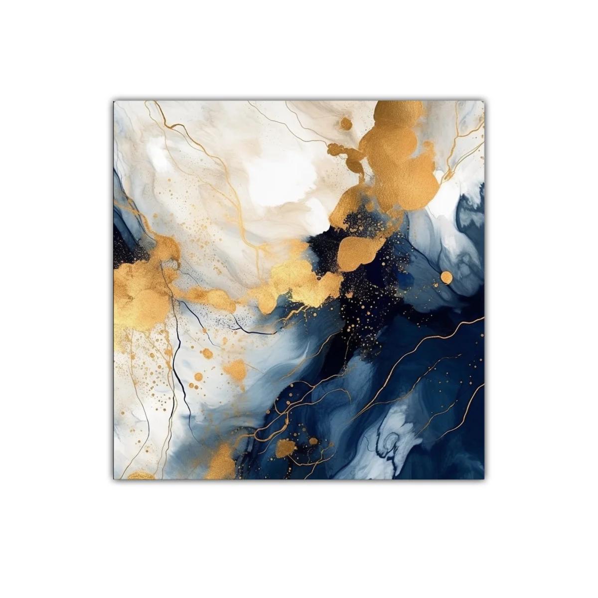 Cuadro abstracto con tonos dorados y azules profundos