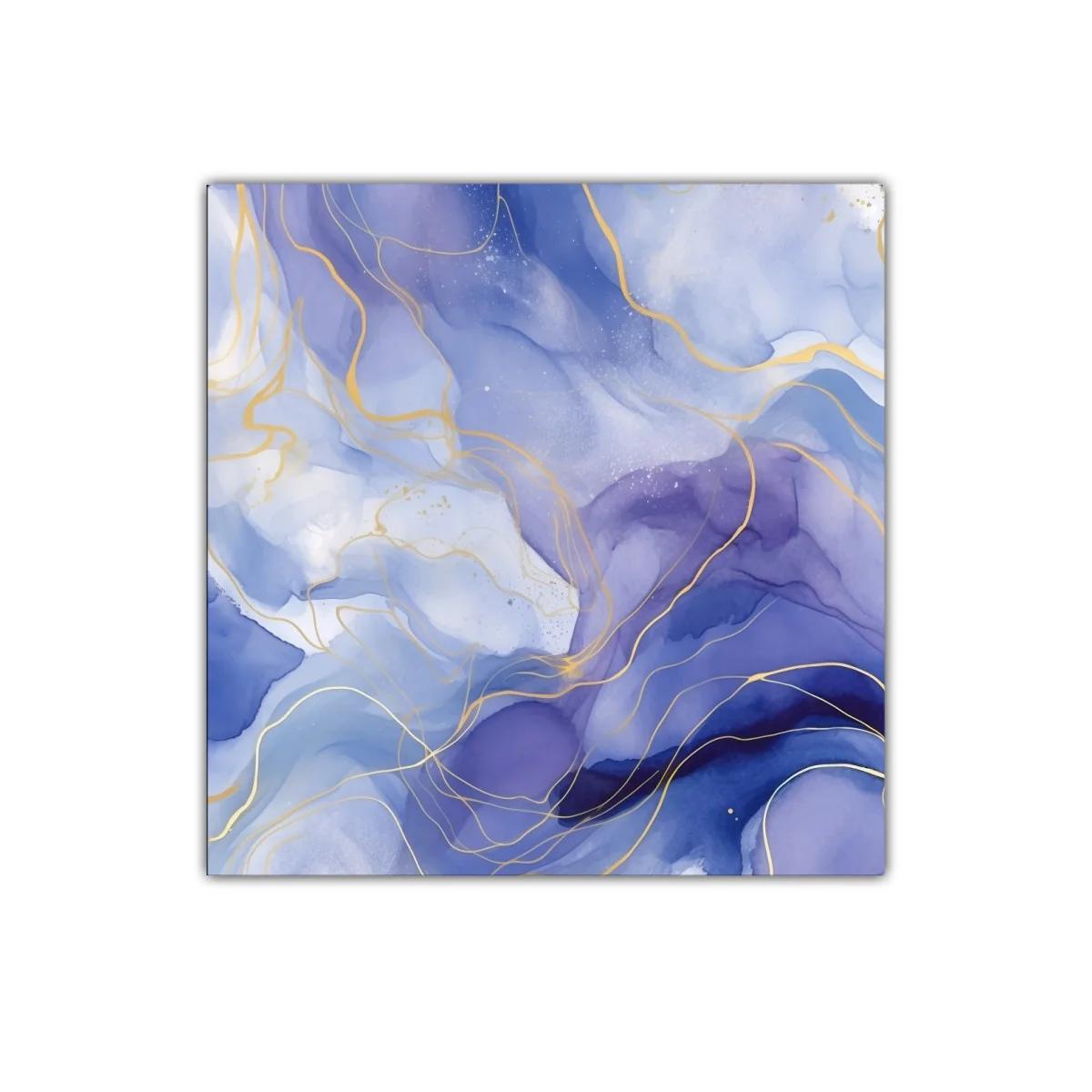 Cuadro abstracto con tonos azules y detalles dorados fluidos