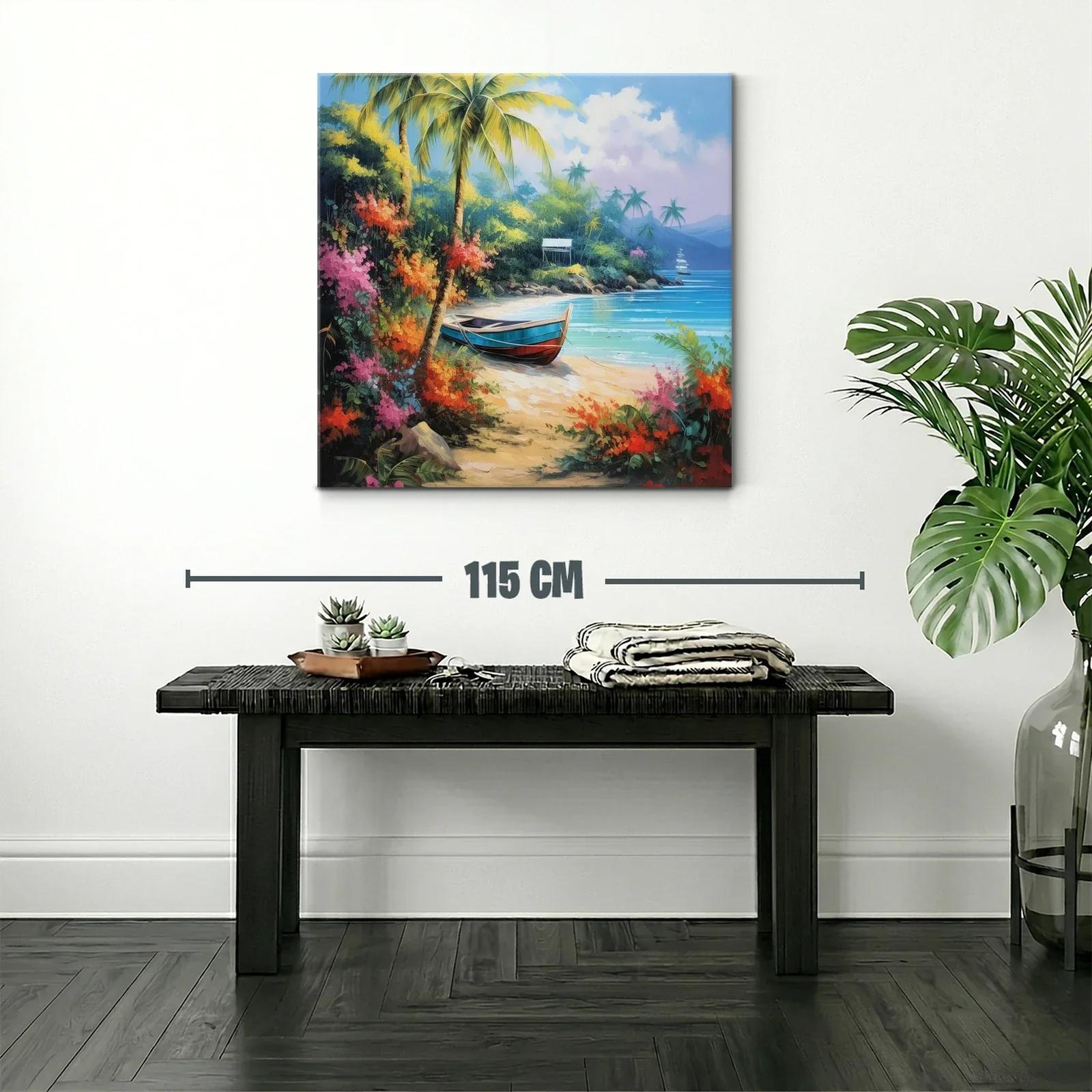 Paisaje tropical con barca en playa paradisíaca y flora vibrante — miniatura 2