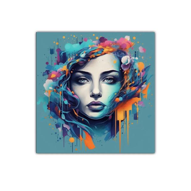 Rostro femenino con vibrantes colores abstractos y emotividad intensa