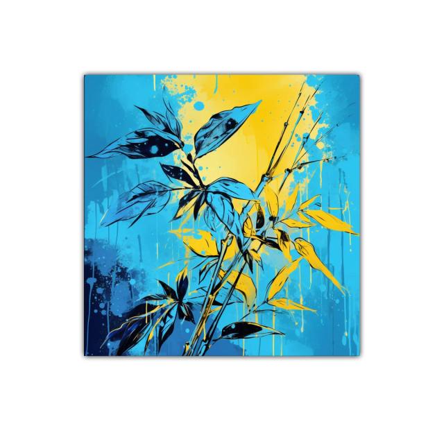 Cuadro decorativo con hojas en vibrantes tonos azules y amarillos