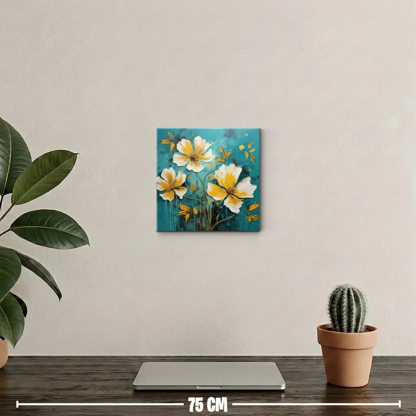 Cuadro floral moderno en tonos cálidos y fondo azul profundo — miniatura 2
