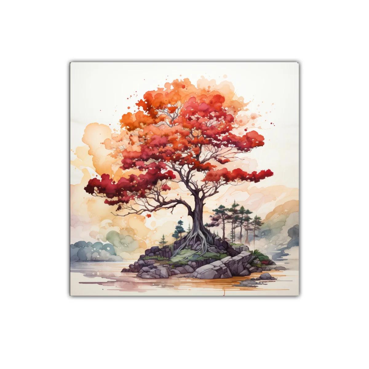 Árbol rojizo en isla junto a un lago sereno — imagen principal