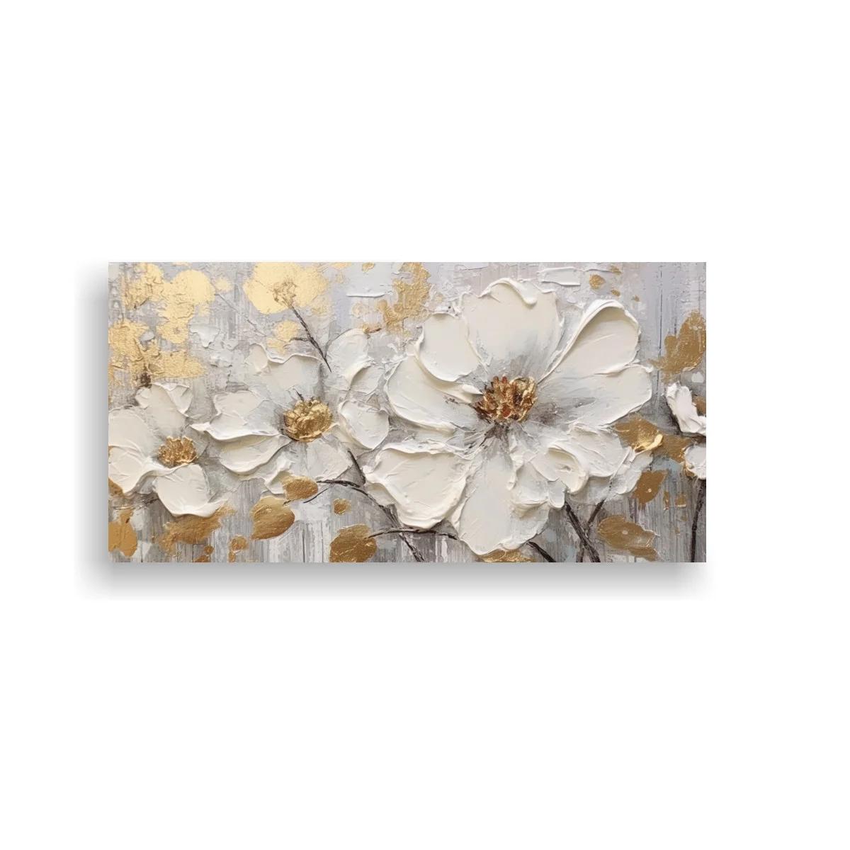Cuadro flores blancas con relieves de pintura y hojas doradas