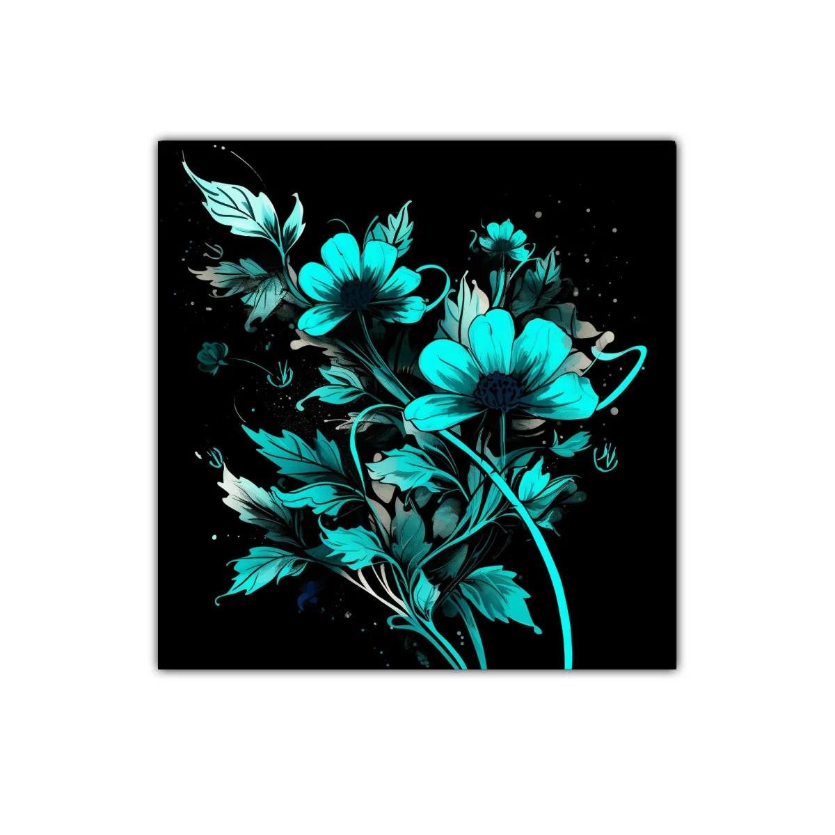Flores vibrantes en tonos turquesa sobre fondo negro — imagen principal