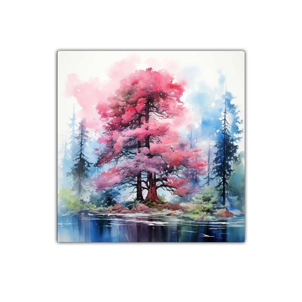 Árbol en tonos rosas y azules sobre lago sereno y bosques — imagen principal