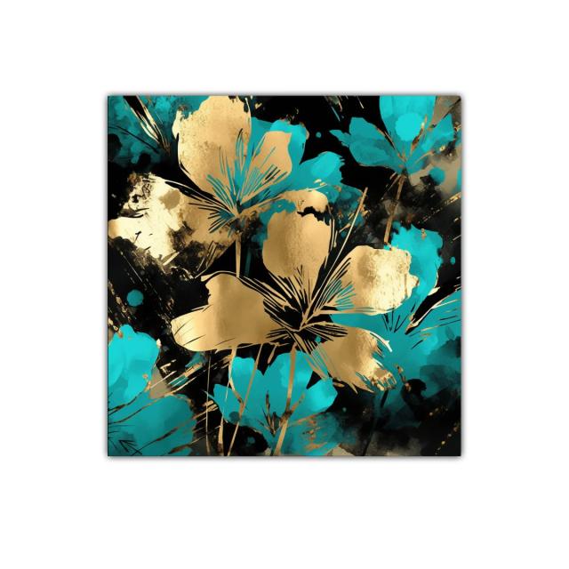 Florales dorados y turquesas sobre fondo oscuro