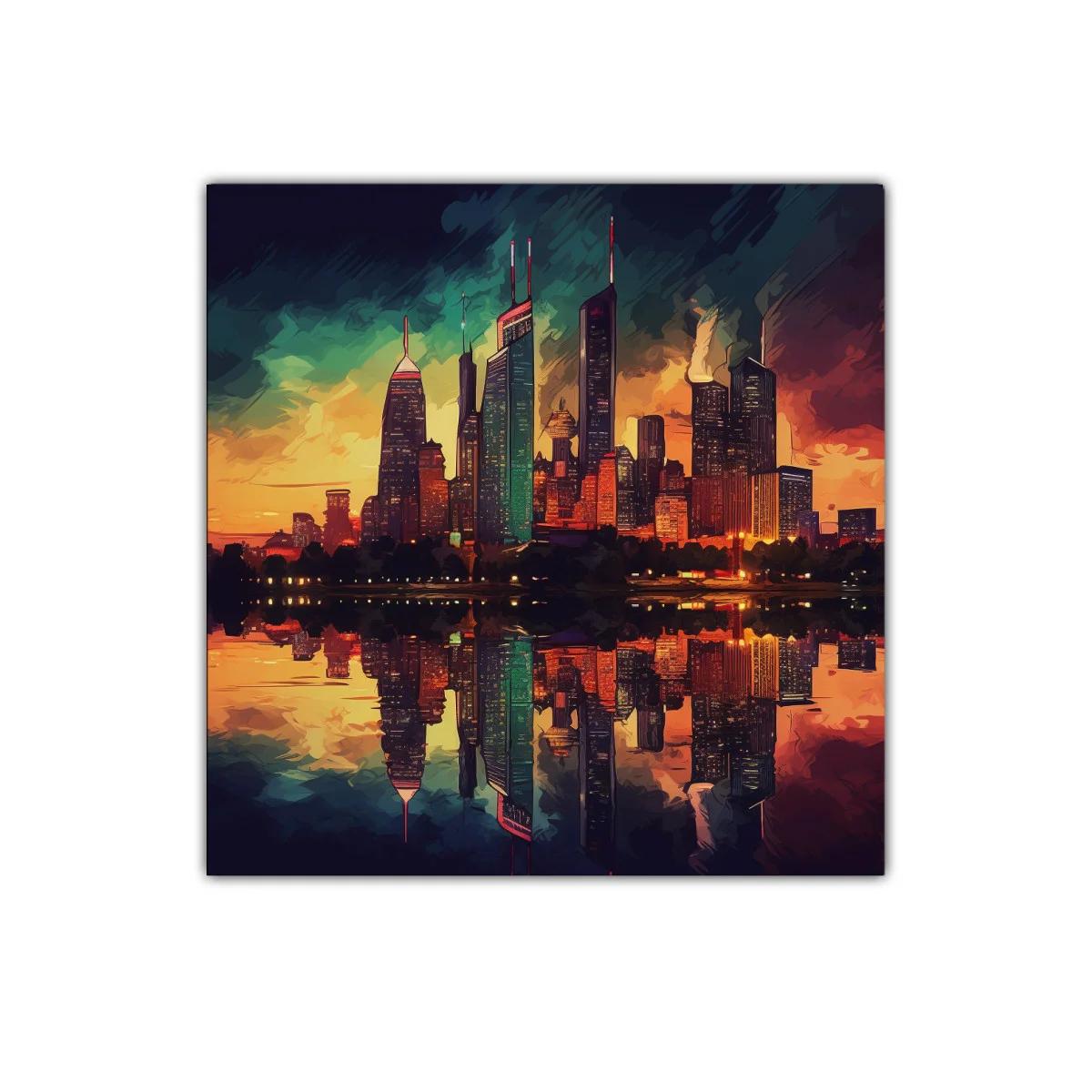 Atardecer vibrante sobre ciudad con reflejo en agua — imagen principal