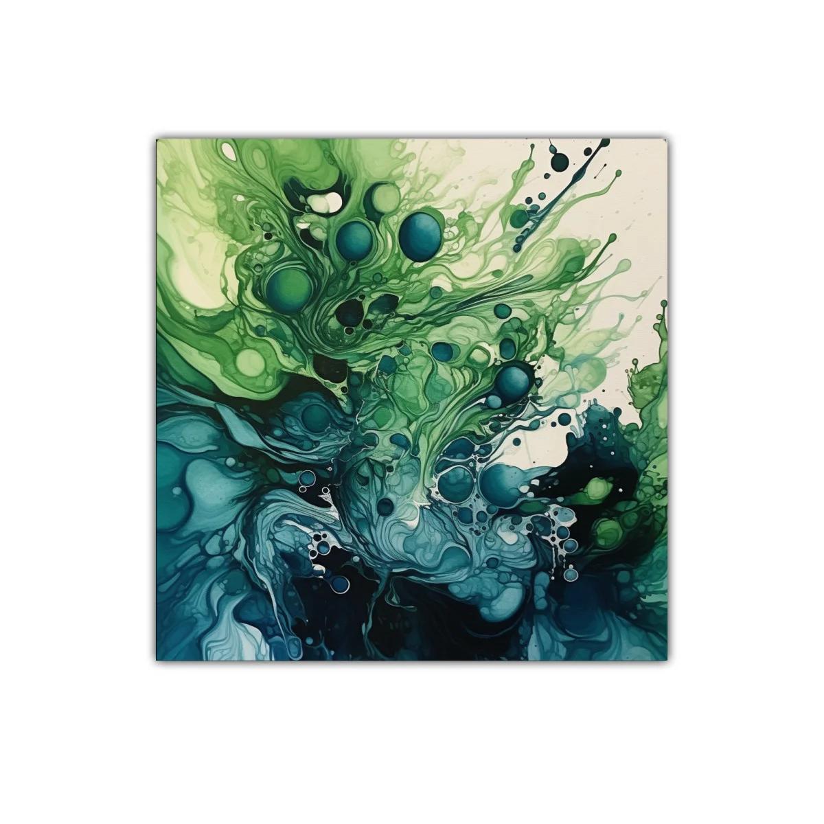 Cuadro abstracto con formas orgánicas en tonos verdes y azules