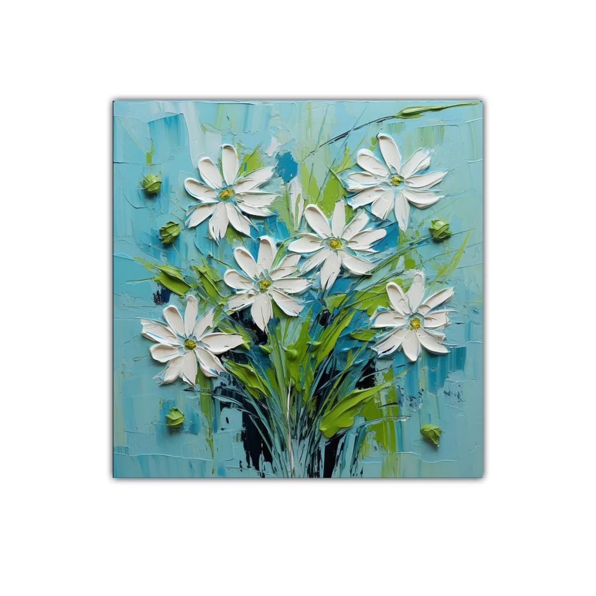 Cuadro floral con margaritas en tonos azul y verde — imagen principal