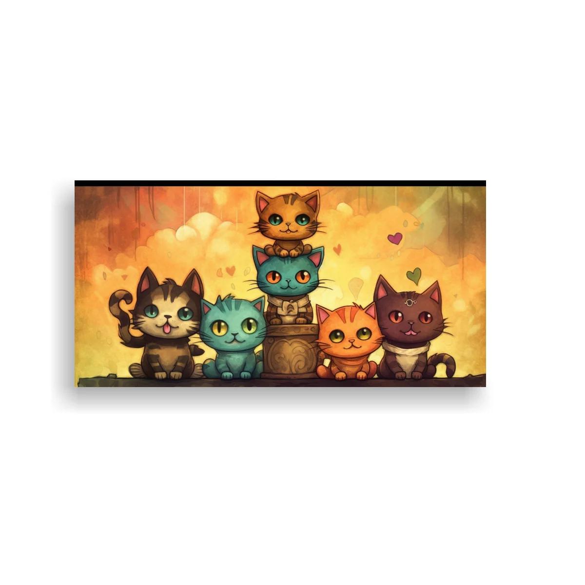 Cuadro cinco gatos sobre cajas apiladas