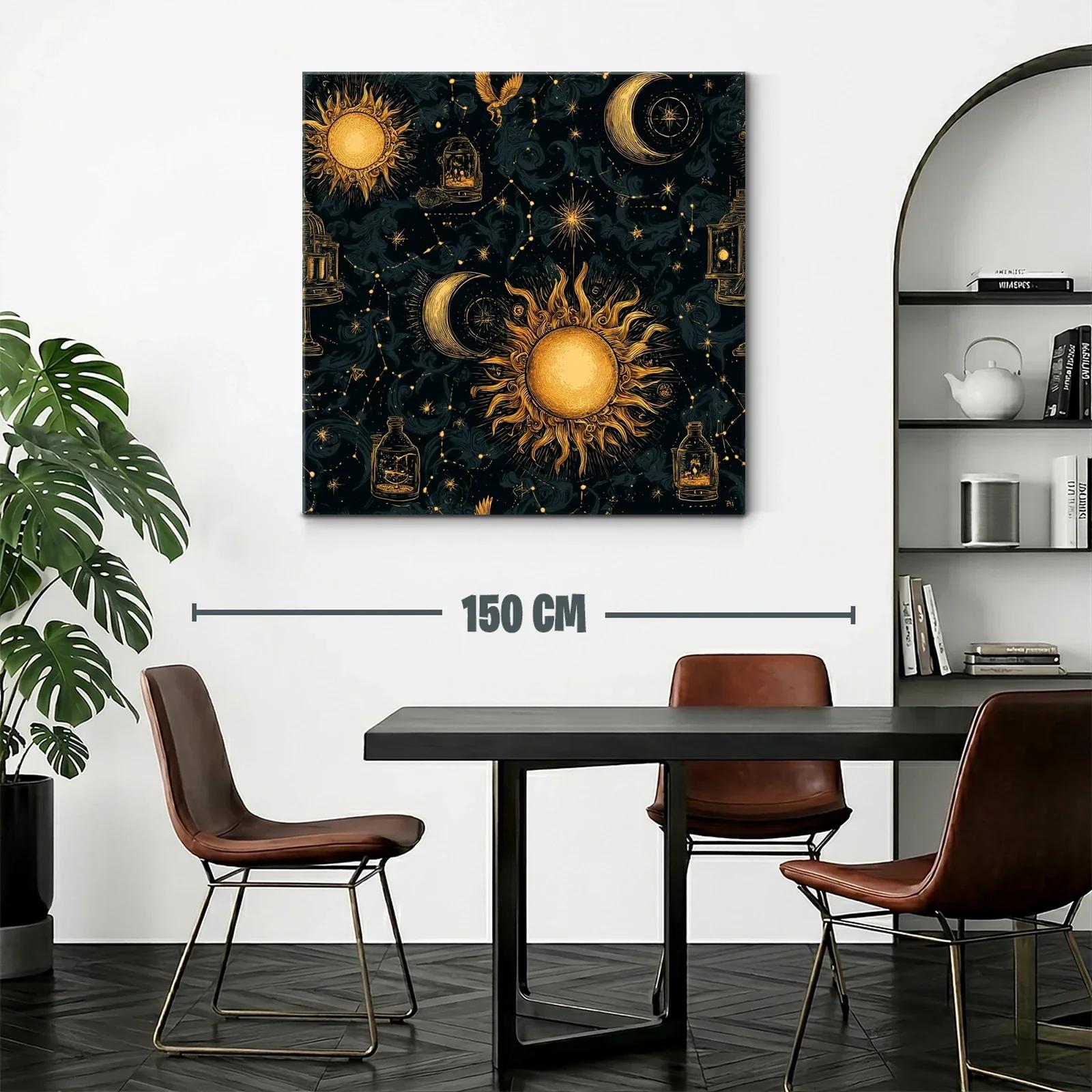 Cuadro celestial con sol y luna en tonos dorados y negros — miniatura 2