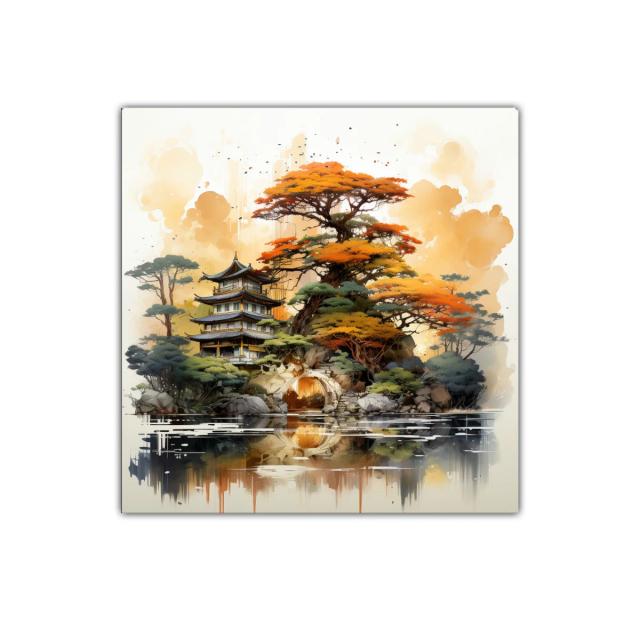 Paisaje asiático con árboles otoñales y templo tradicional