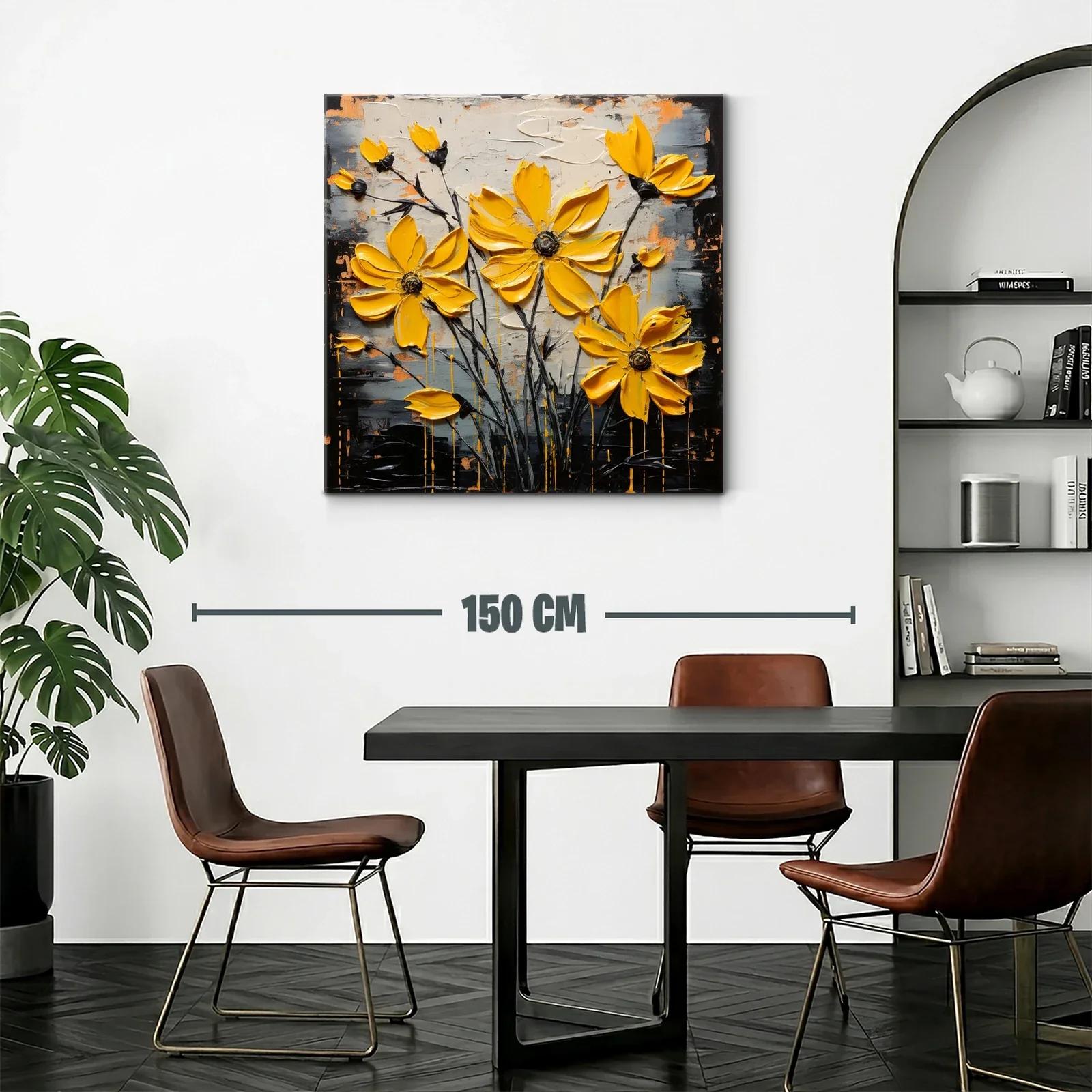 Cuadro moderno con flores amarillas vibrantes y fondo abstracto — miniatura 2