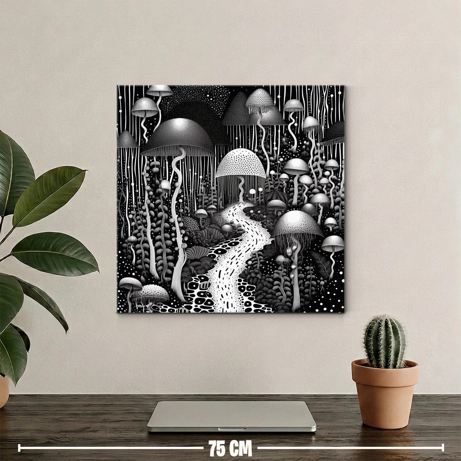 Bosque Onírico de Hongos en Blanco y Negro — miniatura 2