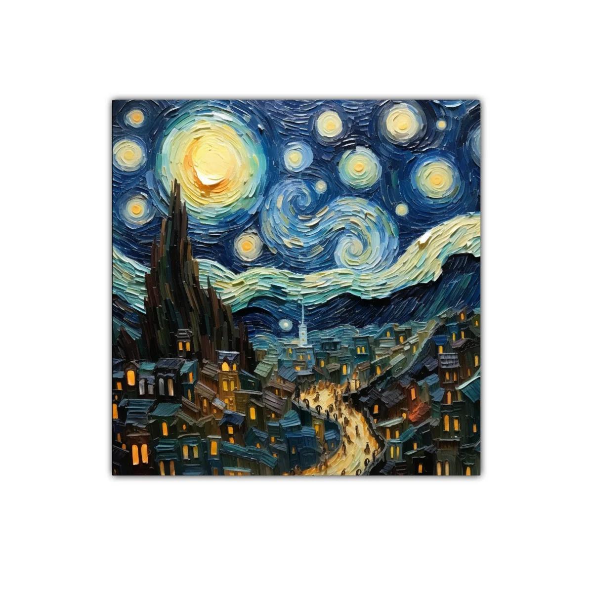 Cielo estrellado sobre un pueblo iluminado en la noche