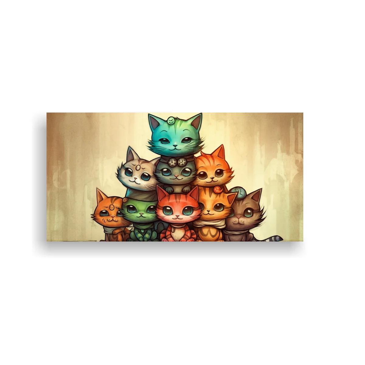 Cuadro grupo de gatos caricaturescos con fondo texturizado