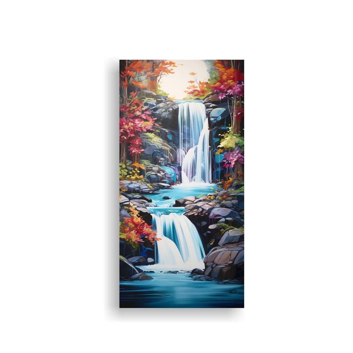 Cuadro cascada de varios saltos entre rocas y follaje colorido