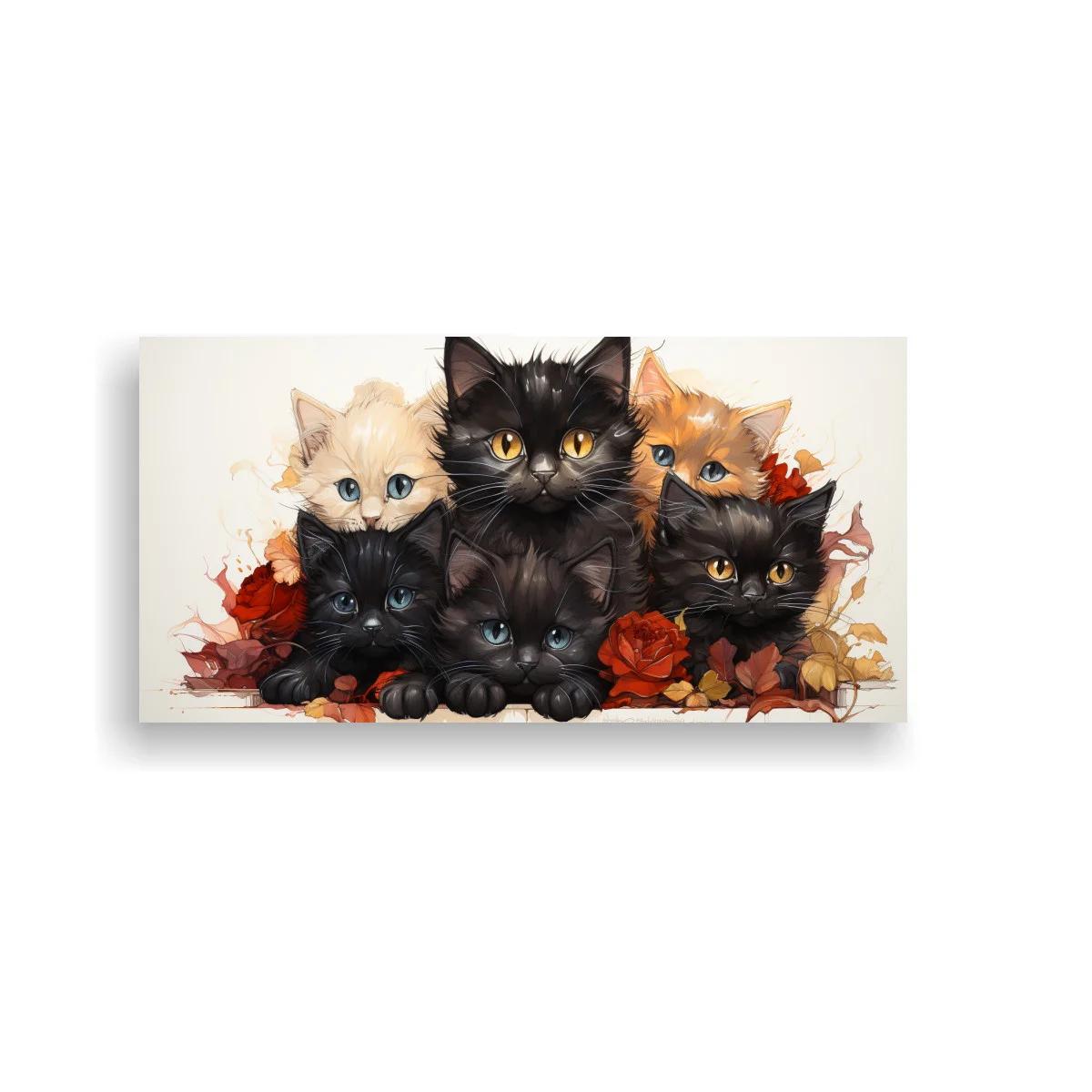 Cuadro grupo de gatitos rodeados de flores y hojas otoñales