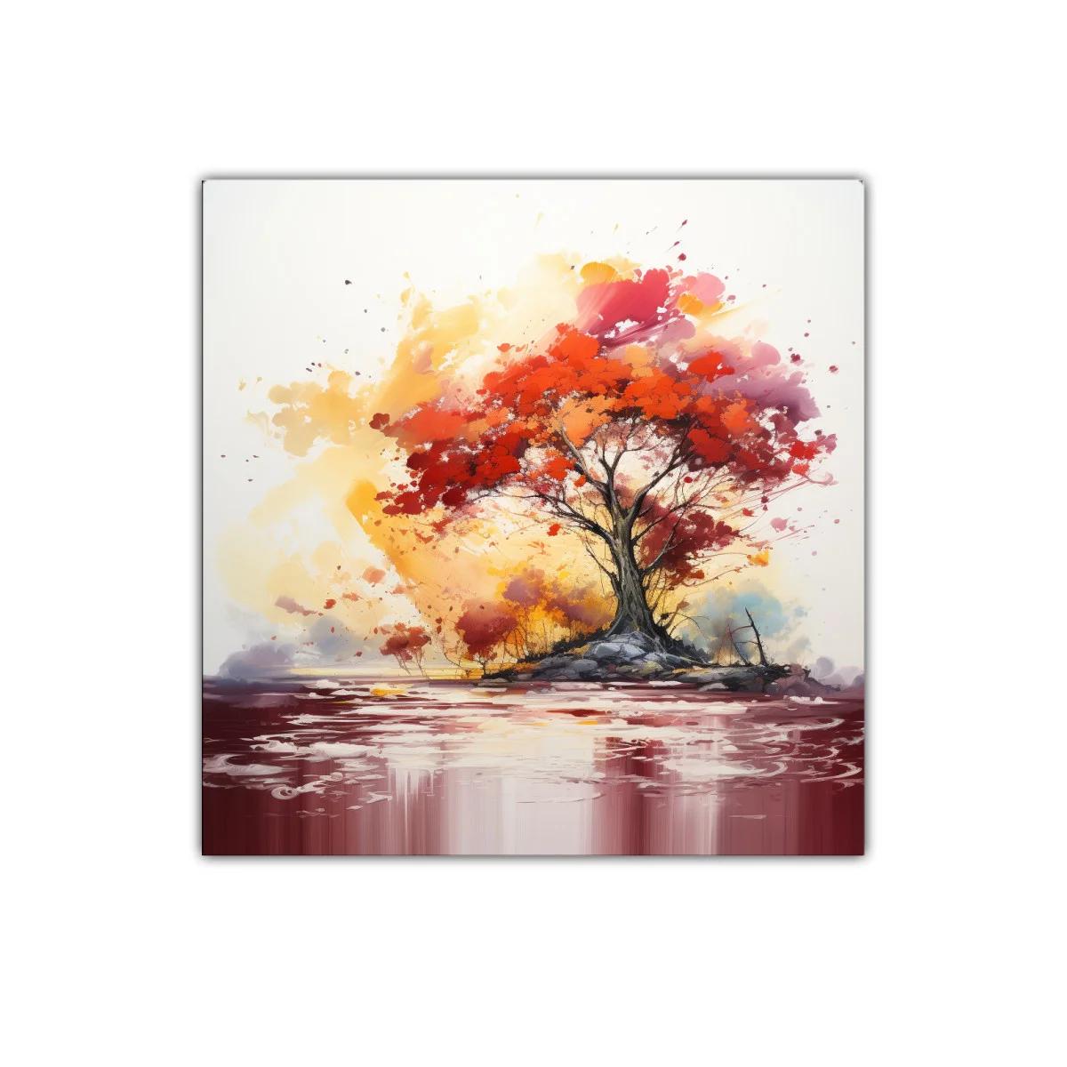 Cuadro decorativo árbol rojo en paisaje abstracto vibrante