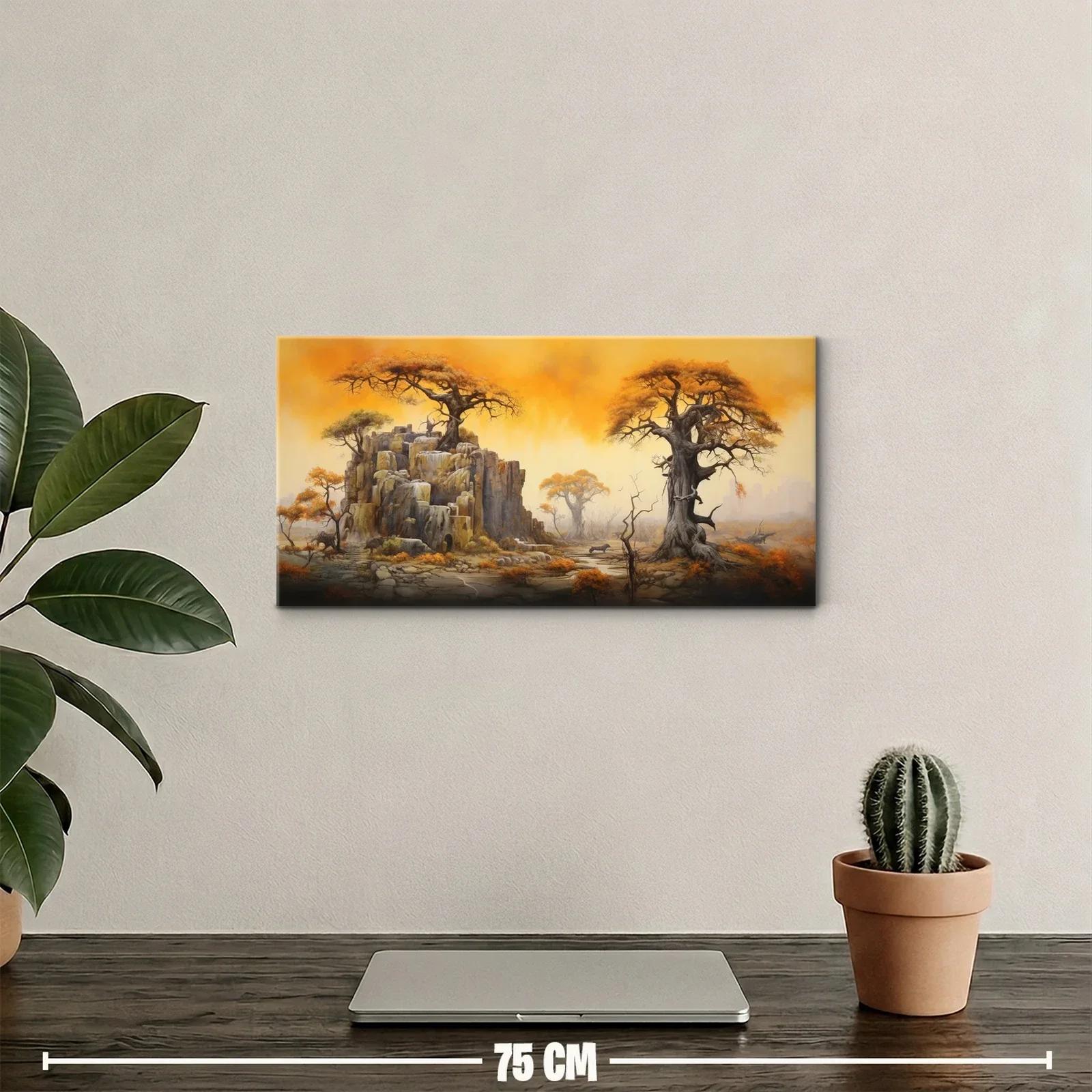 Cuadro baobab con peñasco y cielo anaranjado — miniatura 2