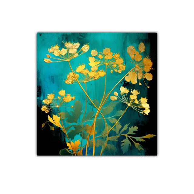 Flores doradas sobre fondo turquesa vibrante