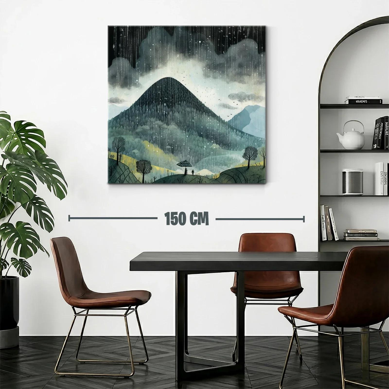 Paisaje de montaña bajo lluvia con siluetas y paraguas — miniatura 2