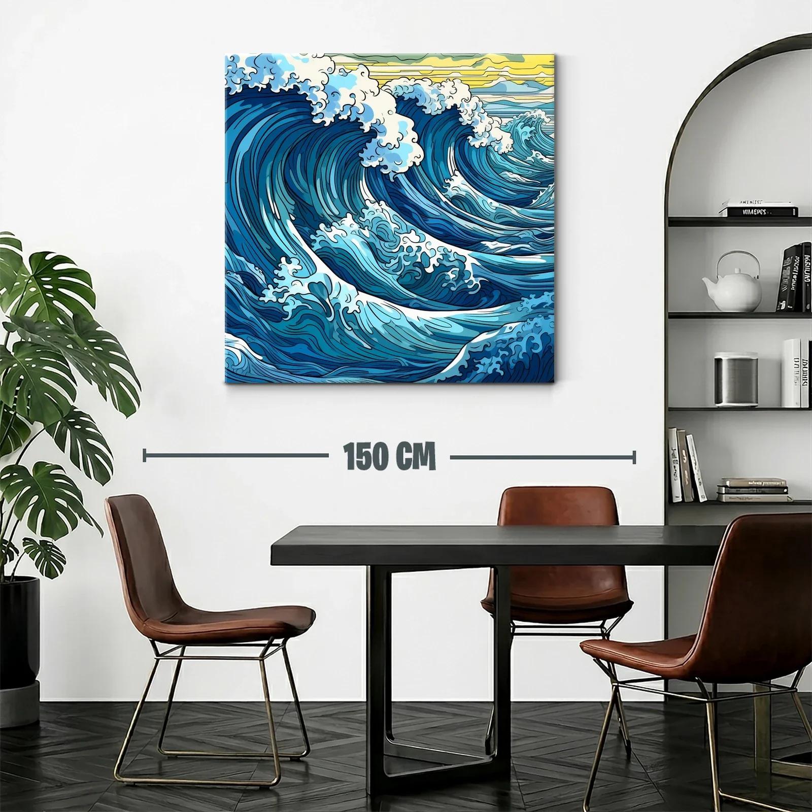 Vibrantes olas azules con espuma blanca y cielo amarillo — miniatura 2