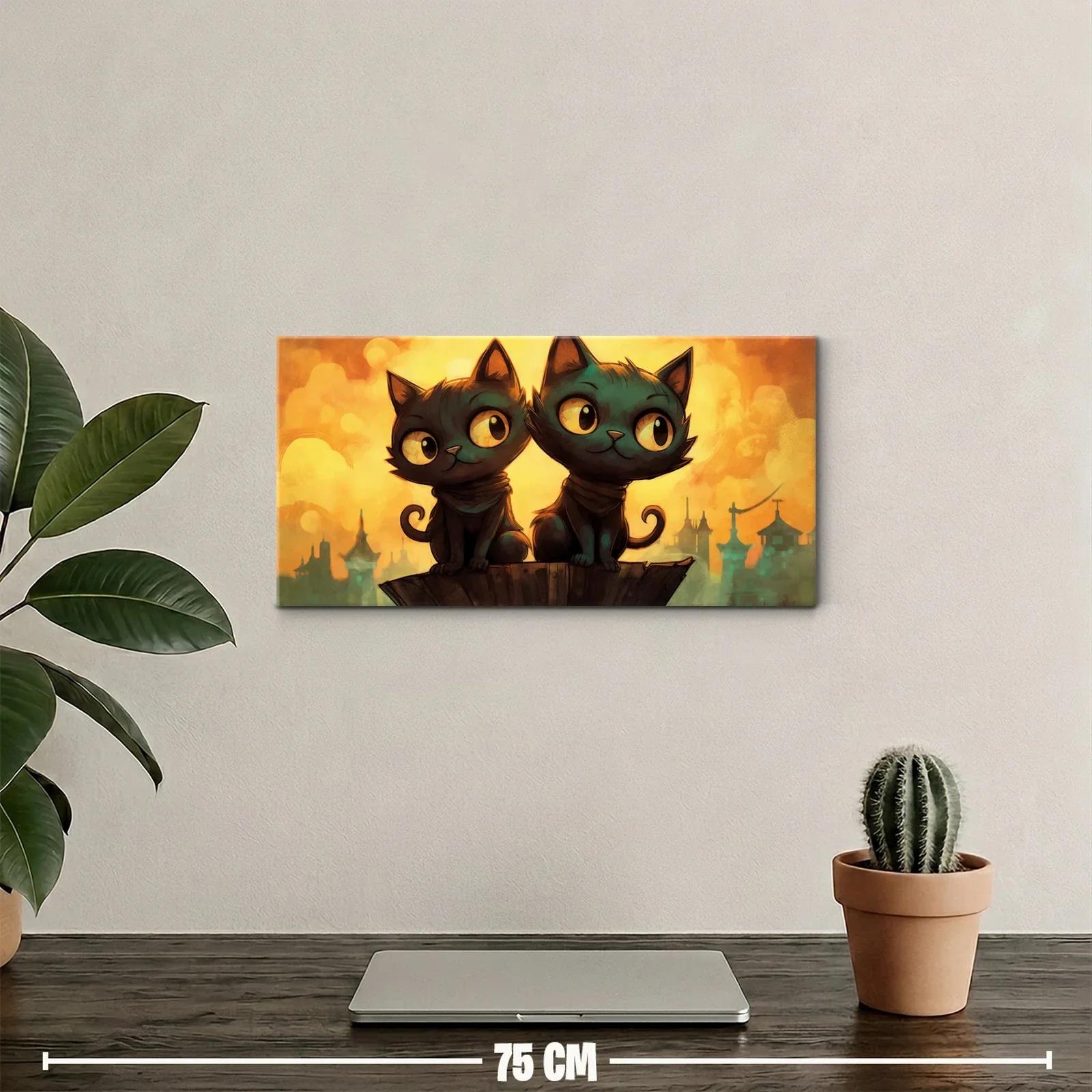 Cuadro dos gatos negros de ojos grandes con fondo urbano anaranjado — miniatura 2