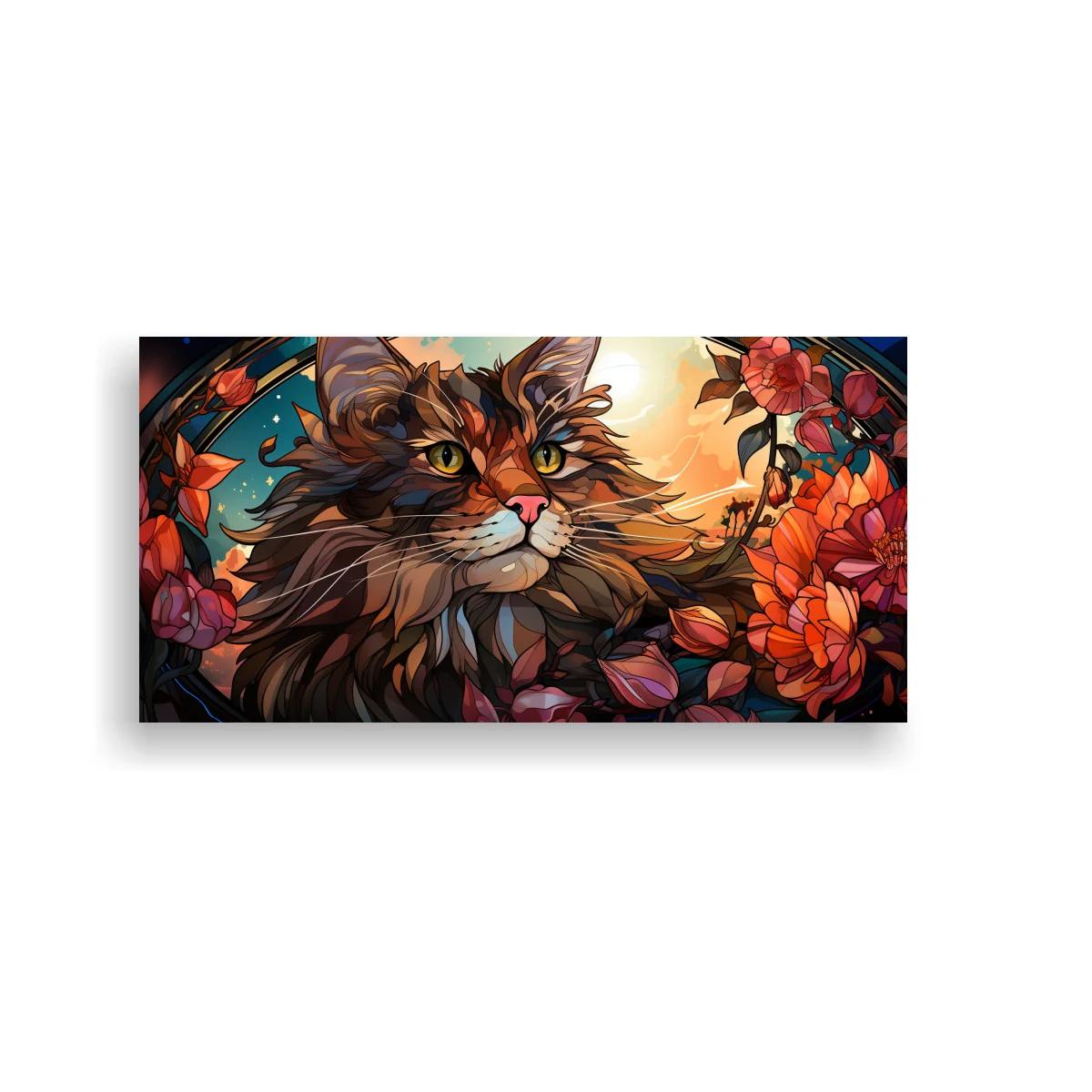 Cuadro gato de pelo largo con flores y follaje curvo