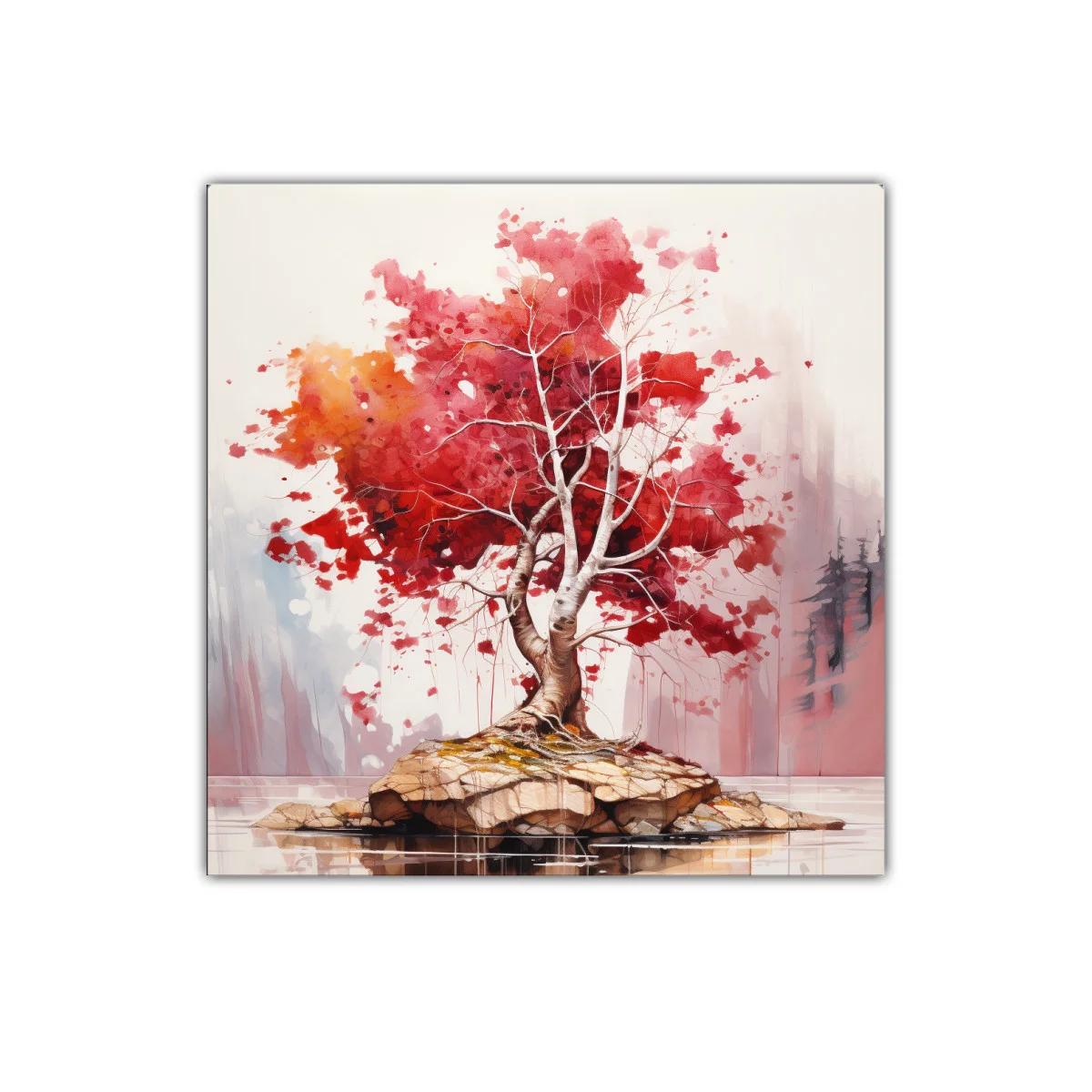Árbol rojo vibrante sobre roca en lago calmado — imagen principal