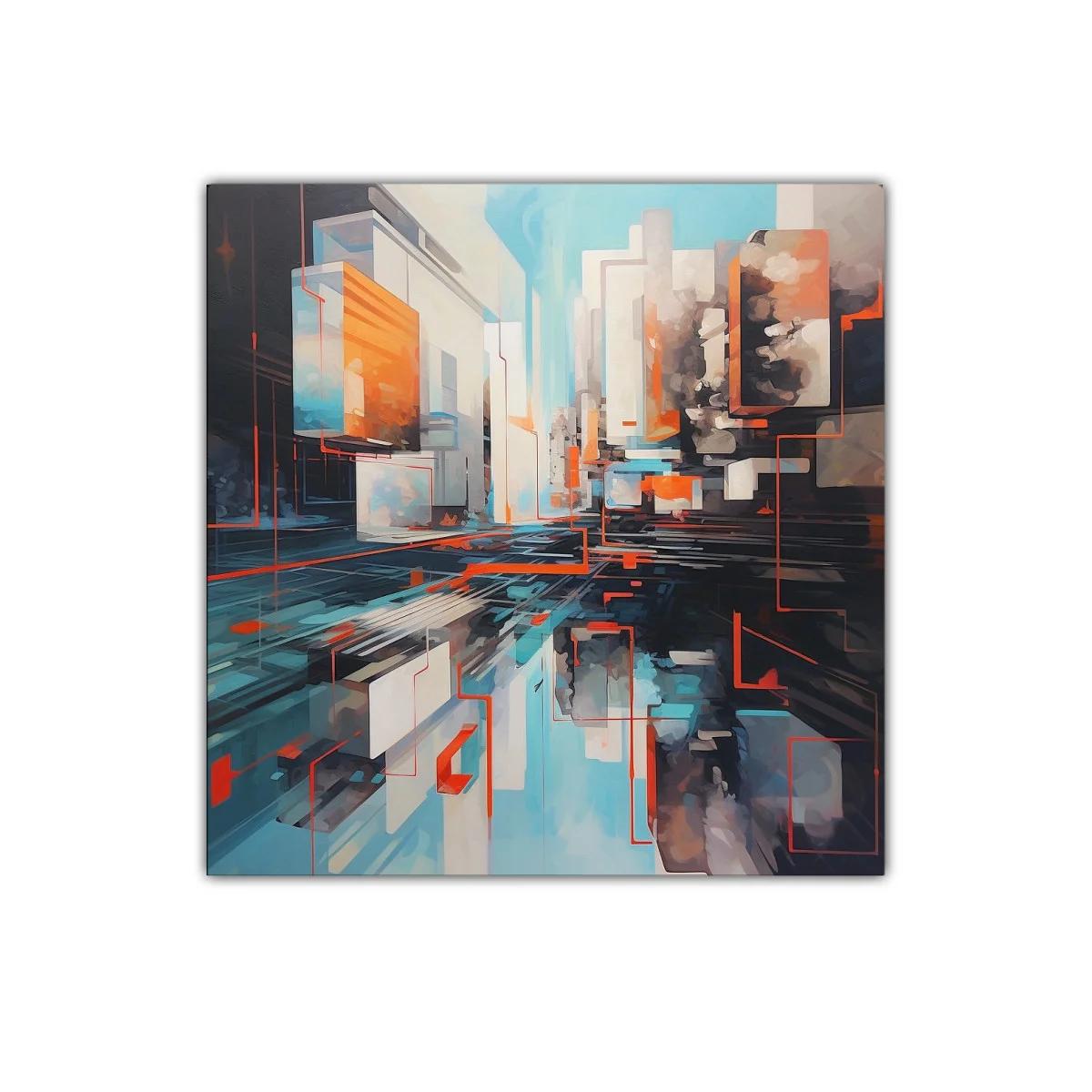 Cuadro abstracto urbano en tonos azules y naranjas vibrantes — imagen principal