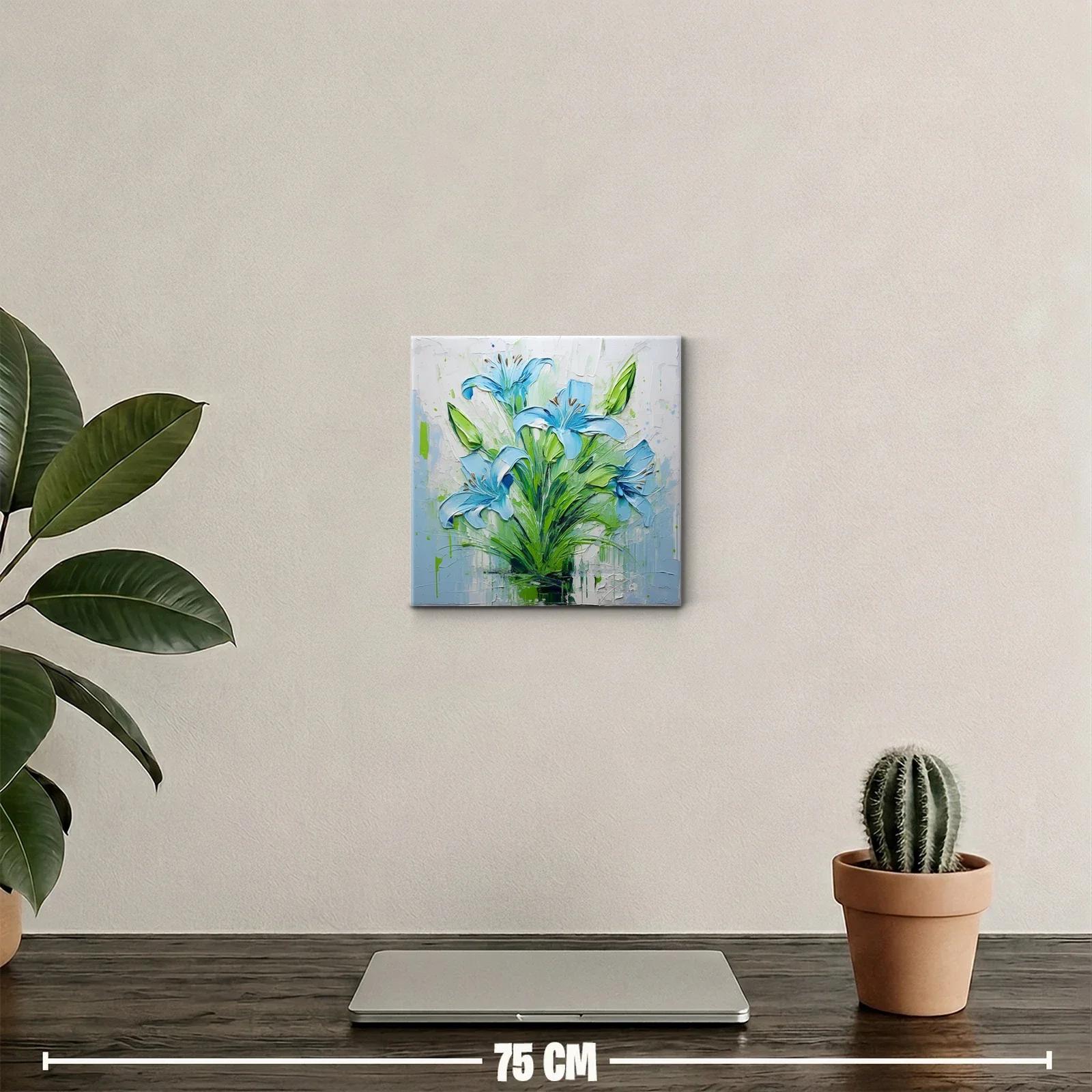 Cuadro floral intenso con lirios azules y verdes vibrantes — miniatura 2