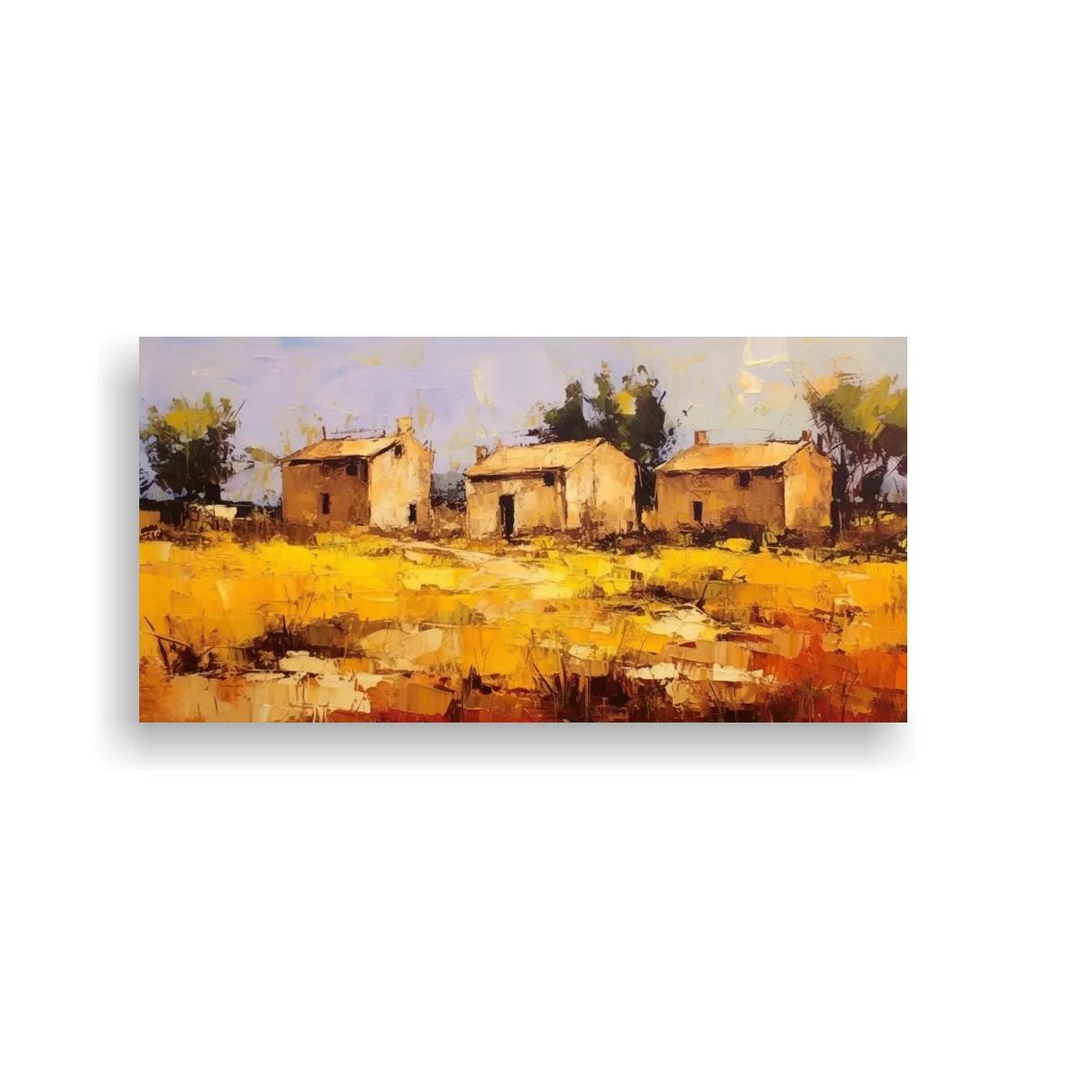Cuadro casas rurales en campo dorado