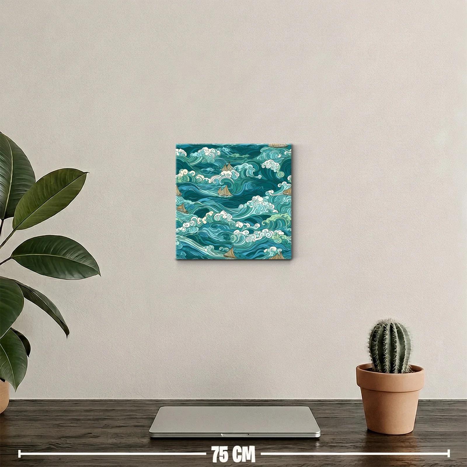 Cuadro decorativo verde azul con olas y barcos navegando — miniatura 2