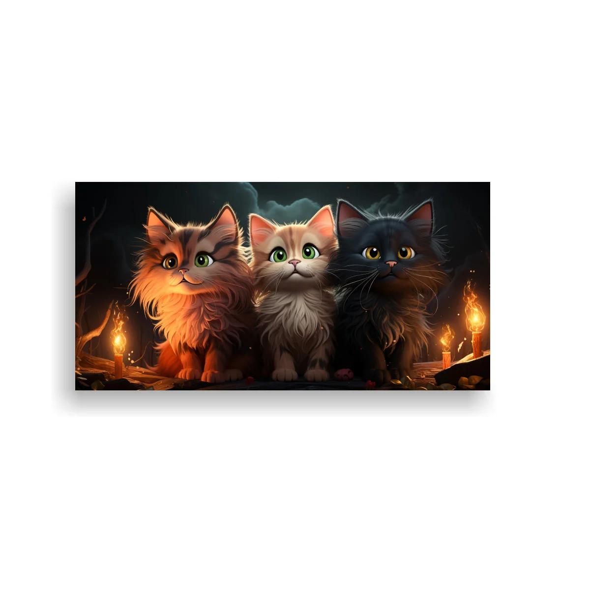 Cuadro tres gatos de ojos grandes con velas laterales