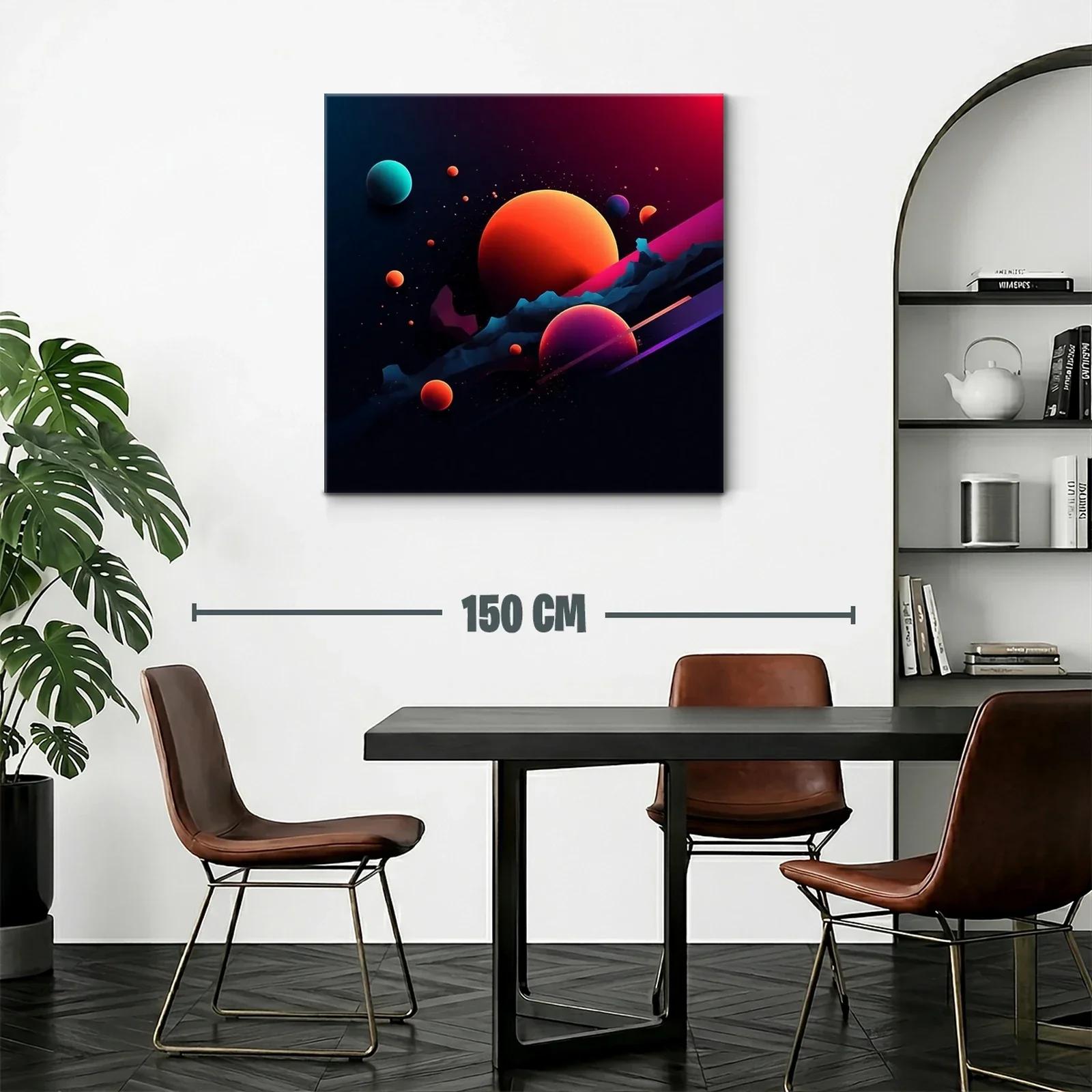 Cuadro abstracto con planetas vibrantes en espacio oscuro — miniatura 2