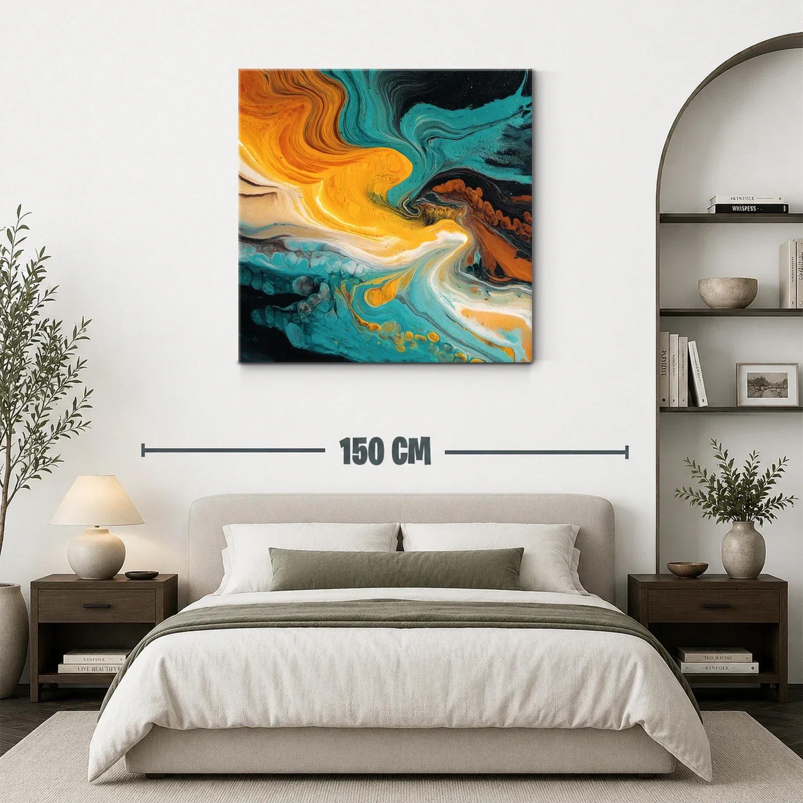 Cuadro abstracto con tonos turquesa y naranja vibrante — miniatura 3