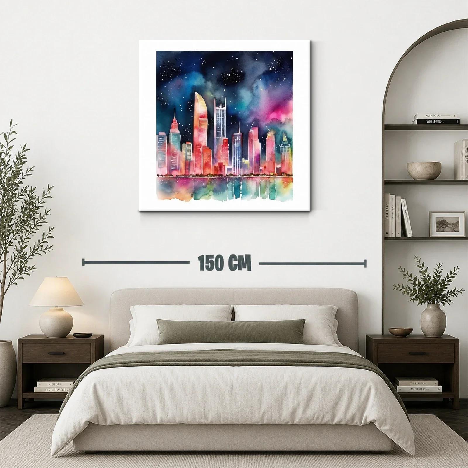 Cielo nocturno vibrante sobre ciudad iluminada con reflejos — miniatura 3