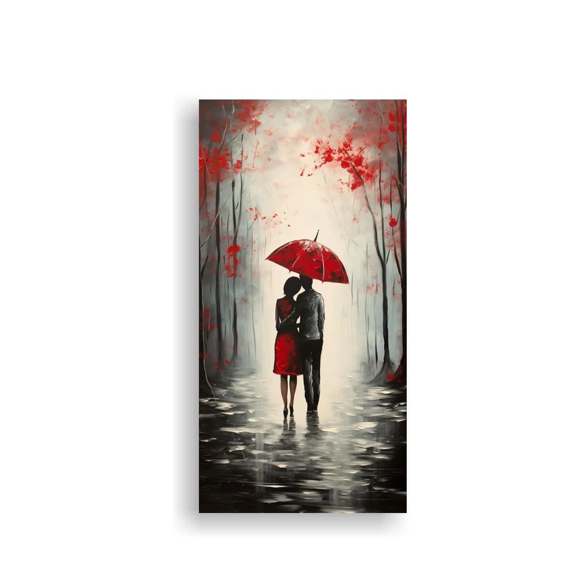 Cuadro pareja bajo un paraguas rojo en bosque brumoso