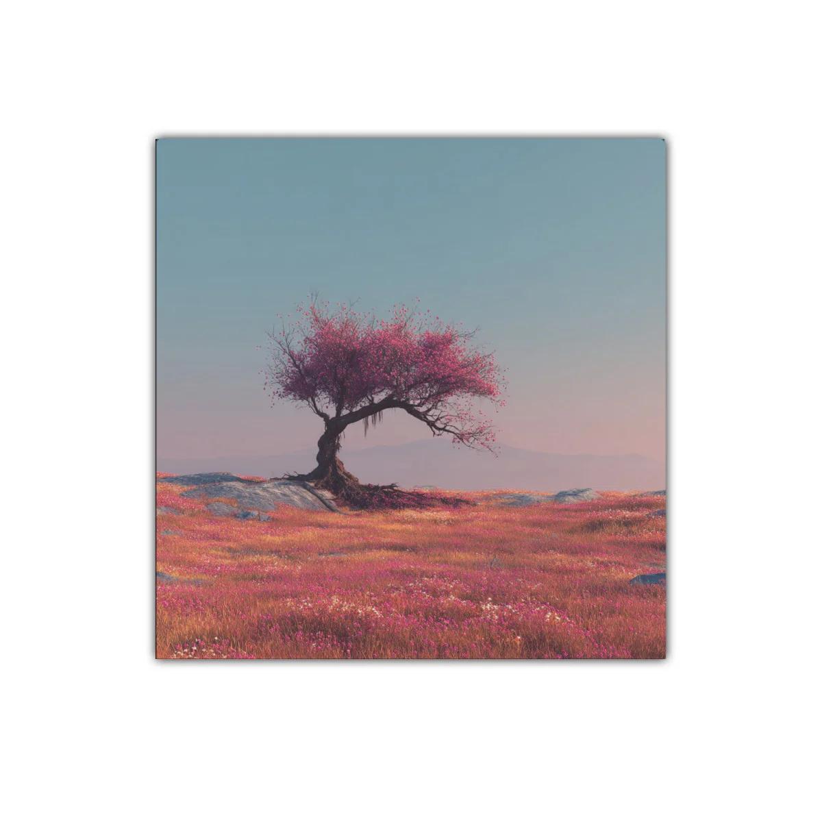 Árbol solitario en campo de flores vibrantes al amanecer — imagen principal