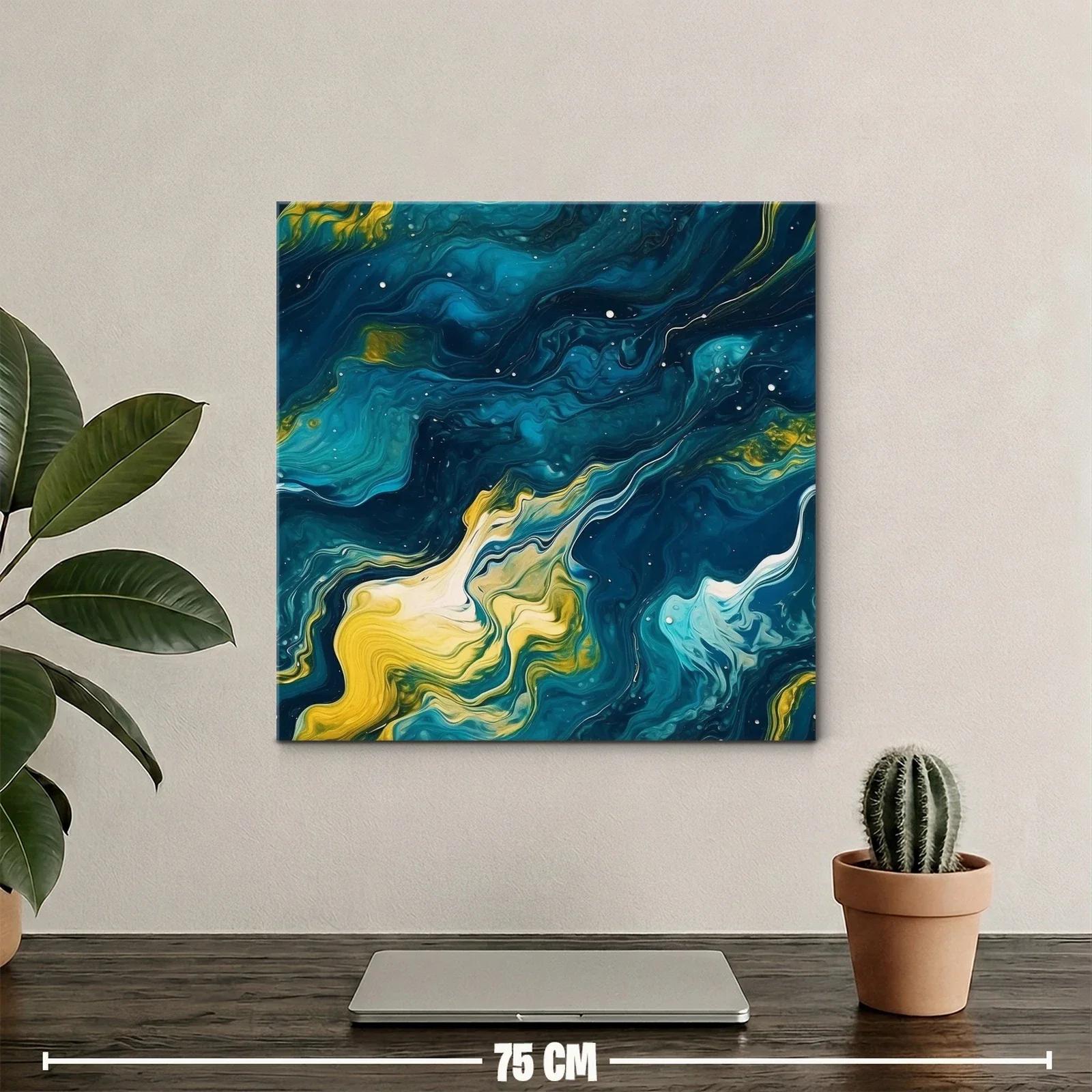 Cuadro abstracto de ondas fluidas en azul y amarillo — miniatura 2
